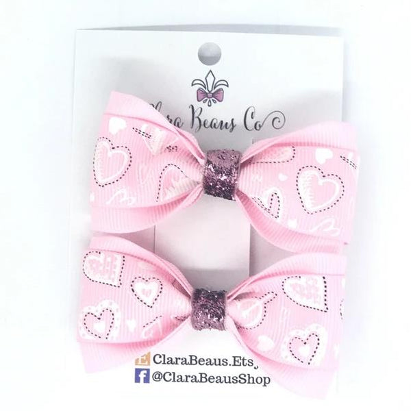 Valentines Pink Hearts Pig Tail Bow Set - Clara Beaus Co