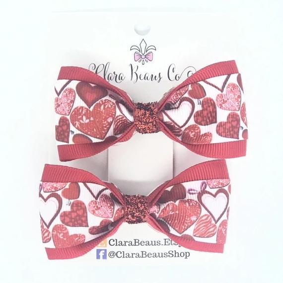 Valentines Red Hearts Pig Tail Bow Set - Clara Beaus Co